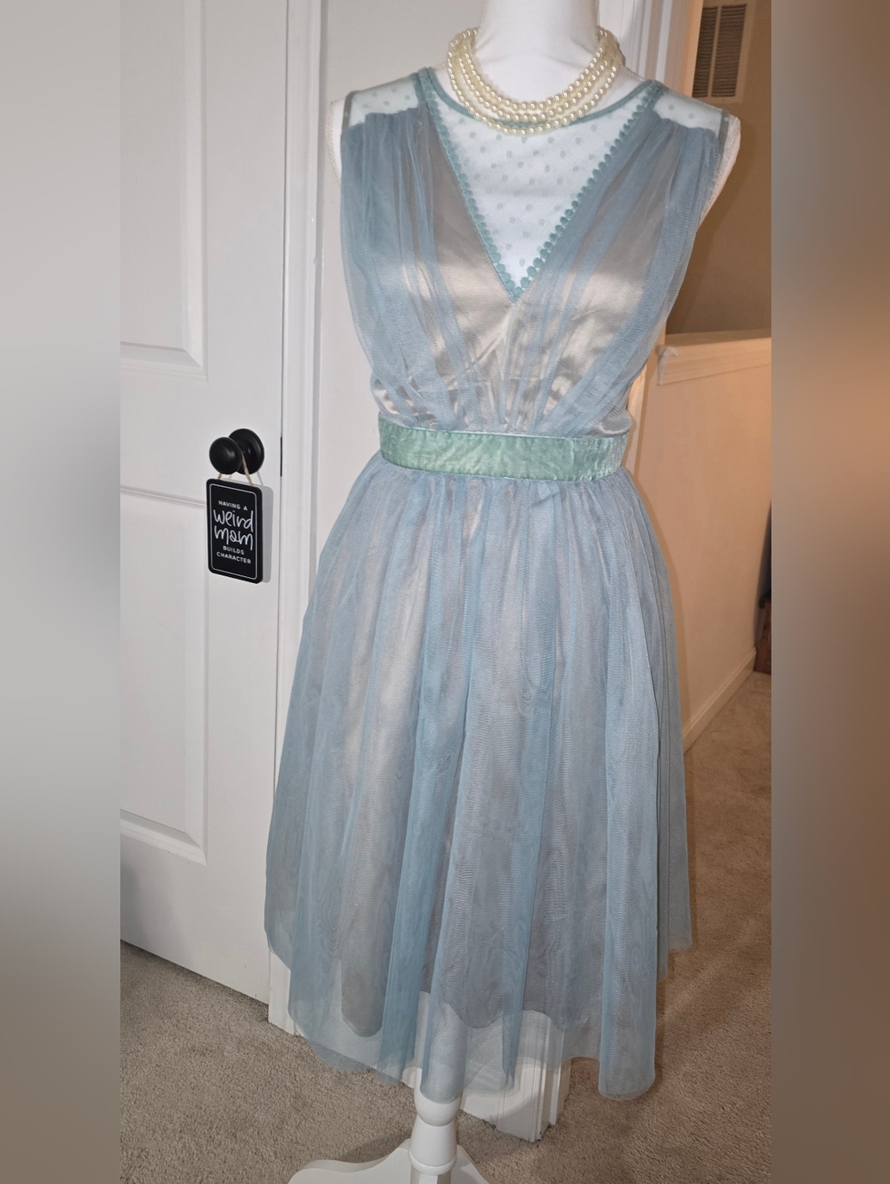 Powder Blue Sheer Tulle Cocktail Dress with Velvet Waistband Tan Underslip Large - Picture 2 of 16